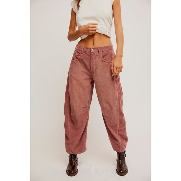 Free People We the Free Good Luck Mid Rise Barrel Pants Jeans Cord Rose 25 NEW - Picture 1 of 3